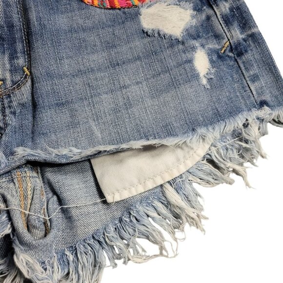 Hollister Embroidered Shorts Booty Colorful Blue Denim Jean Fringe Womens 7 - Picture 4 of 9